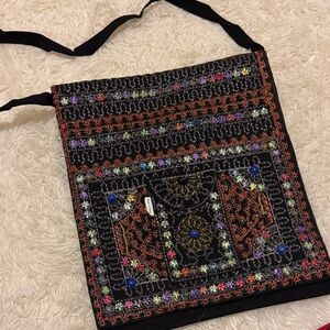 Embroidered Black Shoulder Bag with Colorful Accents